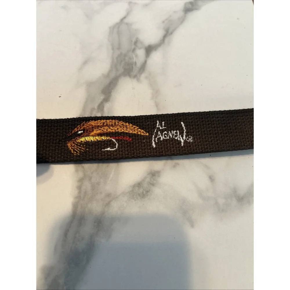 Al Agnew Mens Black Canvas Leather Fishing Fly Embroidered Belt Size 36 USA Made